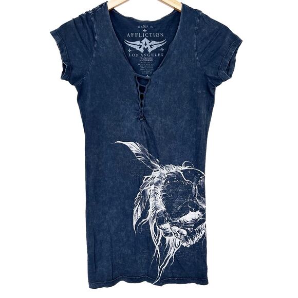 Affliction Gray Distressed Short Sleeve T Shirt Sz M - Picture 1 of 7